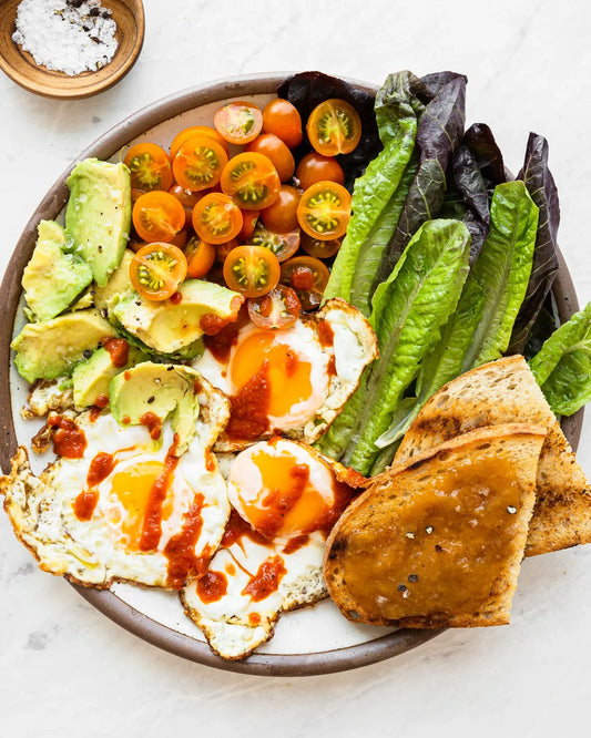 Summer Breakfast Bowl with Fried Eggs and Sourdough Toast