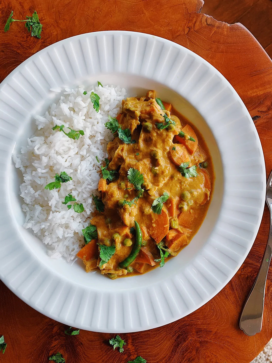 Jackfruit Coconut Cashew Korma with Green Peas, Sweet Potatoes, and Green Chiles